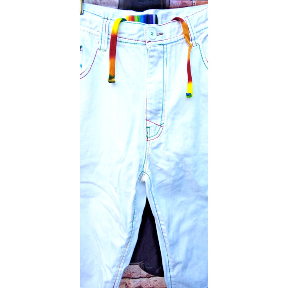 White Light Denim 5 Pocket Shorts W/Rainbow Colored Stitching & Drawstrings - Picture 4 of 11
